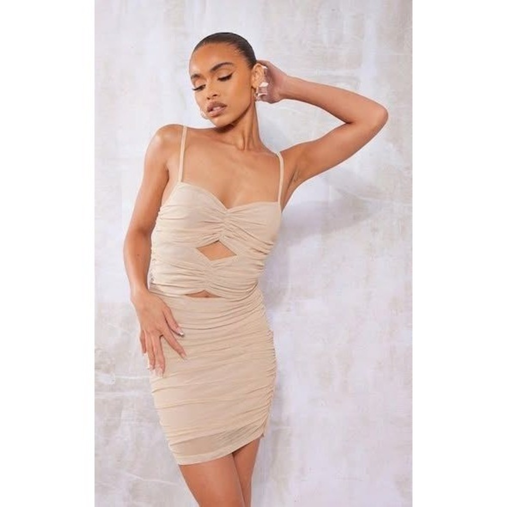 Sheer Ruched Cutout Mini Dress Strappy Bodycon Beige SIZE 2 SMALL